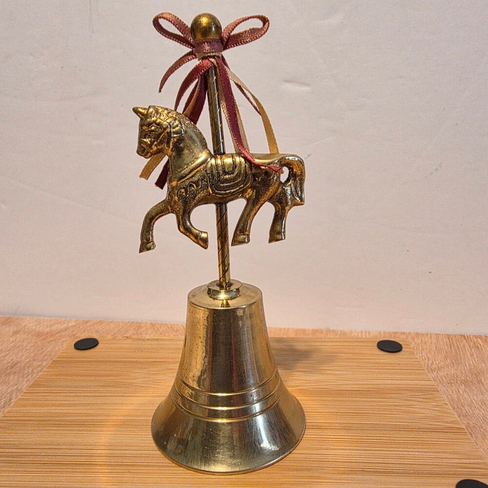 Vintage Solid Brass Decorative Carousel horse and Pole handle bell 6"